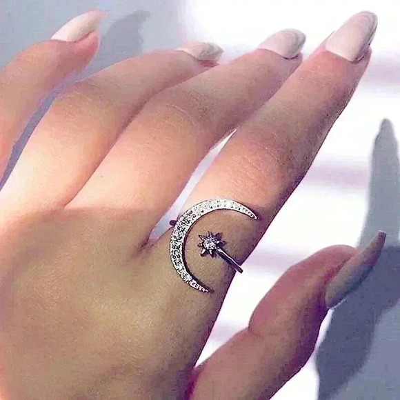 New 14k Gold Over Silver Diamond Moon Star Open Ring - Picture 2 of 4